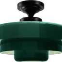 Vintage Semi Flush Mount Ceiling Light Fixture Green Chandelier with 13.8" 3-Layer Metal Shade Flushmount Ceiling Lamp for Bedroom Hallway Dining Room Kitchen Light