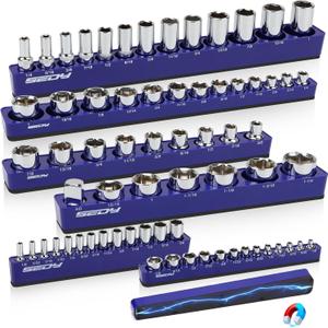6-Piece 1/4" 3/8" 1/2"-Driver SAE Magnetic Socket Organizer Set (Holds 68 Sockets) - Detachable Tool Tray with 5mm Magnetic Base for Garage/Home Workshop(Sockets Not Included)