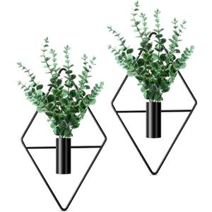 Canlierr 2 Pieces Wall Decor Hanging Planters with Artificial Plants Metal Hanging Vase Indoor Plants Holder Modern Boho Wall Art for Bathroom Bedroom Living Room Decor(Black,Eucalyptus)