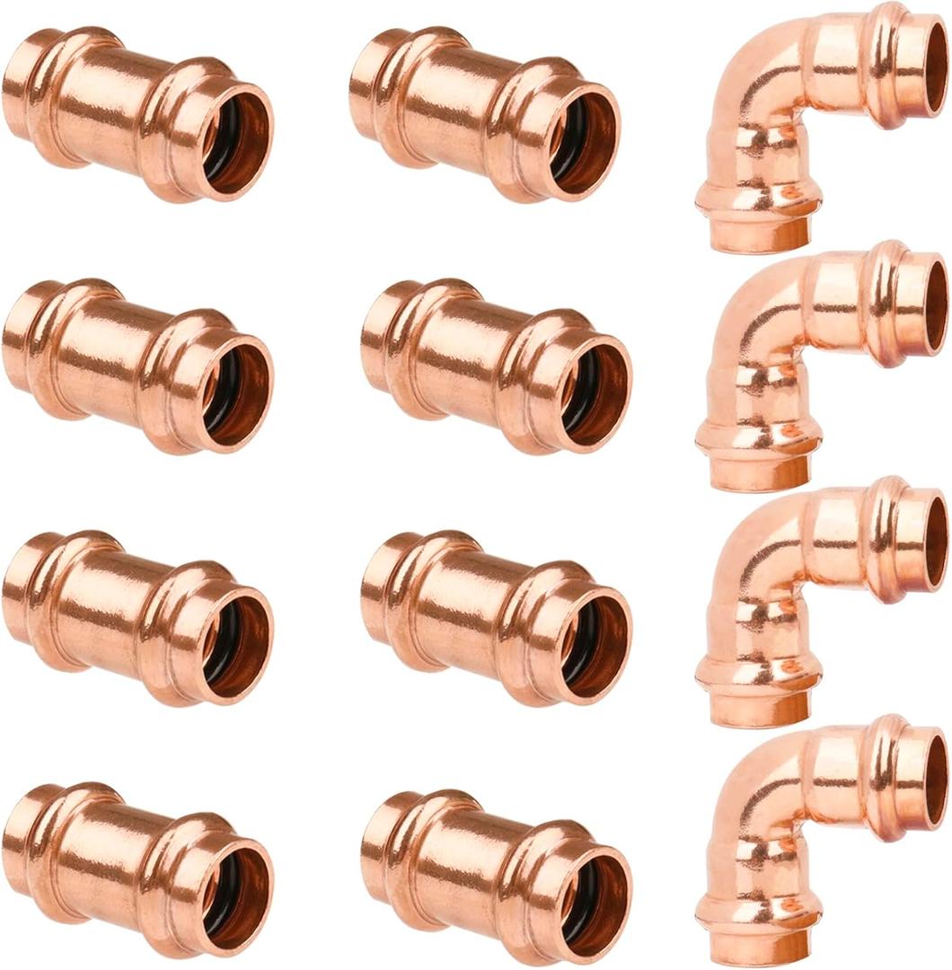 WHK 1/2" Copper Press Propress x 1/2" Pro Press Coupling Adater Fittings 8 Packs with 90 Degree Elbow 4 Packs use for Connect From Cooper to Cooper Pipe(Lead-Free,No Stop)