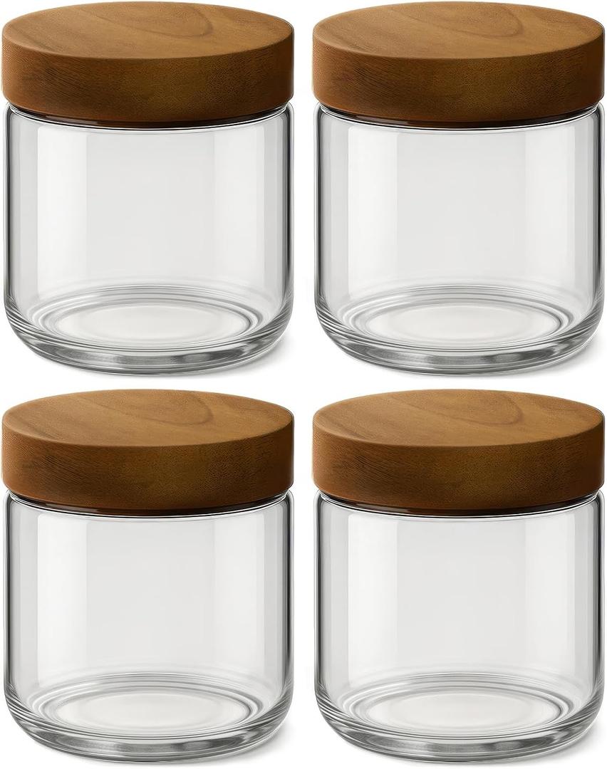 10oz 4 Pack Overnight Oats Containers with Lids, Glass Mason Jars with Acacia Wood Airtight Lids, Wide Mouth Meal Prep Storage Jars for Yogurt, Chia Pudding, Salad, Parfait, Snacks, Spice