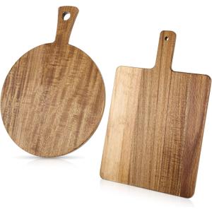2 Pcs Acacia Wood Cutting Board with Handle, 15.7‘’ L Round Rectangular Decorative Wooden Cutting Boards Large Charcuterie Board Set for Meat, Bread, Fruit, Pizza, Cheese