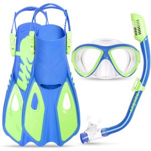 Snorkeling Gear for Kids Ages 5-15, 4 in 1 Mask Fins Snorkel Set with HD Tempered Glass Panoramic View Anti-Fog Mask, Dry Top Snorkel, Adjustable Trek Fins, and Mesh Bag, Kids Snorkel Set for Youth