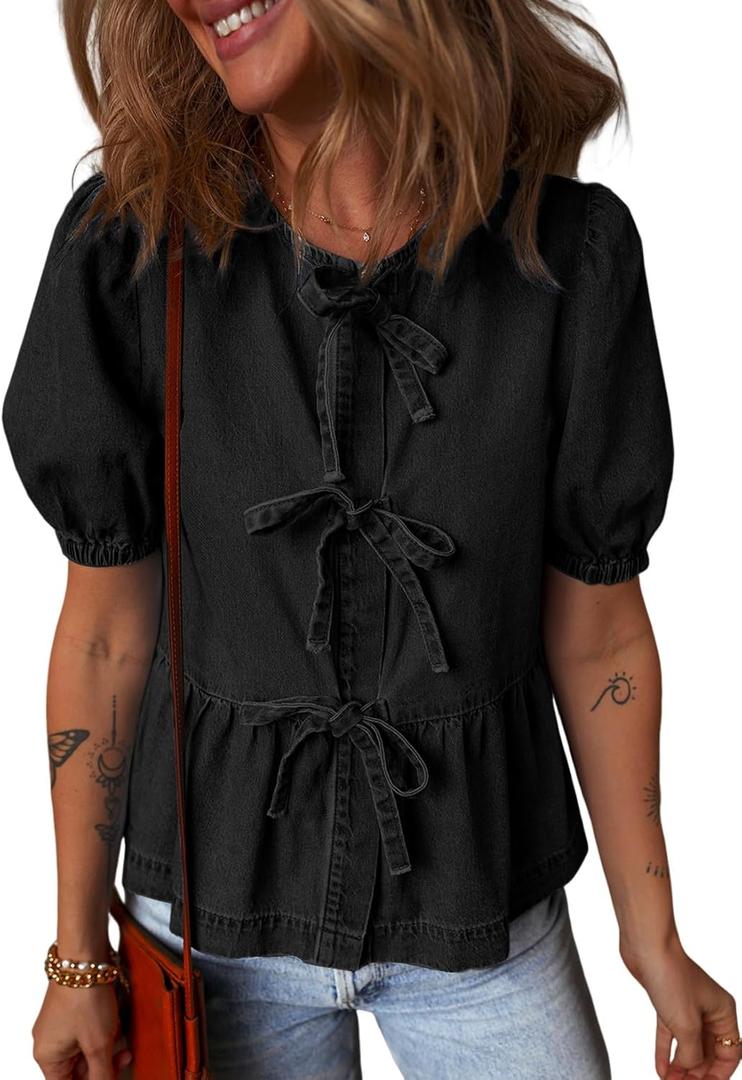 Deer Lady Womens Denim Shirt Bow Tie Front Tops Puff Sleeve Blouses Babydoll Peplum Summer Trendy Crewneck Shirts (Medium, Black)
