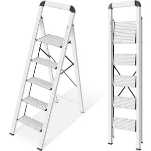 KINGRACK Aluminium 5 Step Ladder, Lightweight Step Stool with Non-Skid Pedals, Handrail, Foldable Step Ladder for Kitchen, Garage, Home, Space Saving, Sturdy and Portable, Silver
