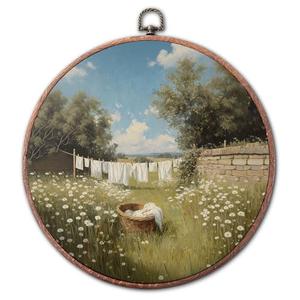 Jinhaichen Vintage Rustic Farmhouse Round Wall Art Framed, Country Laundry Day Round Wall Decor, Retro Landscape Wildflower Hanging Canvas Prints for Washroom Bathroom Laundry Room, 10x10 Inch