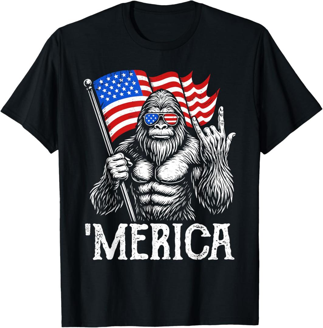 Bigfoot Merica Rock American Flag Patriotic 4th Of July T-Shirt 4XL