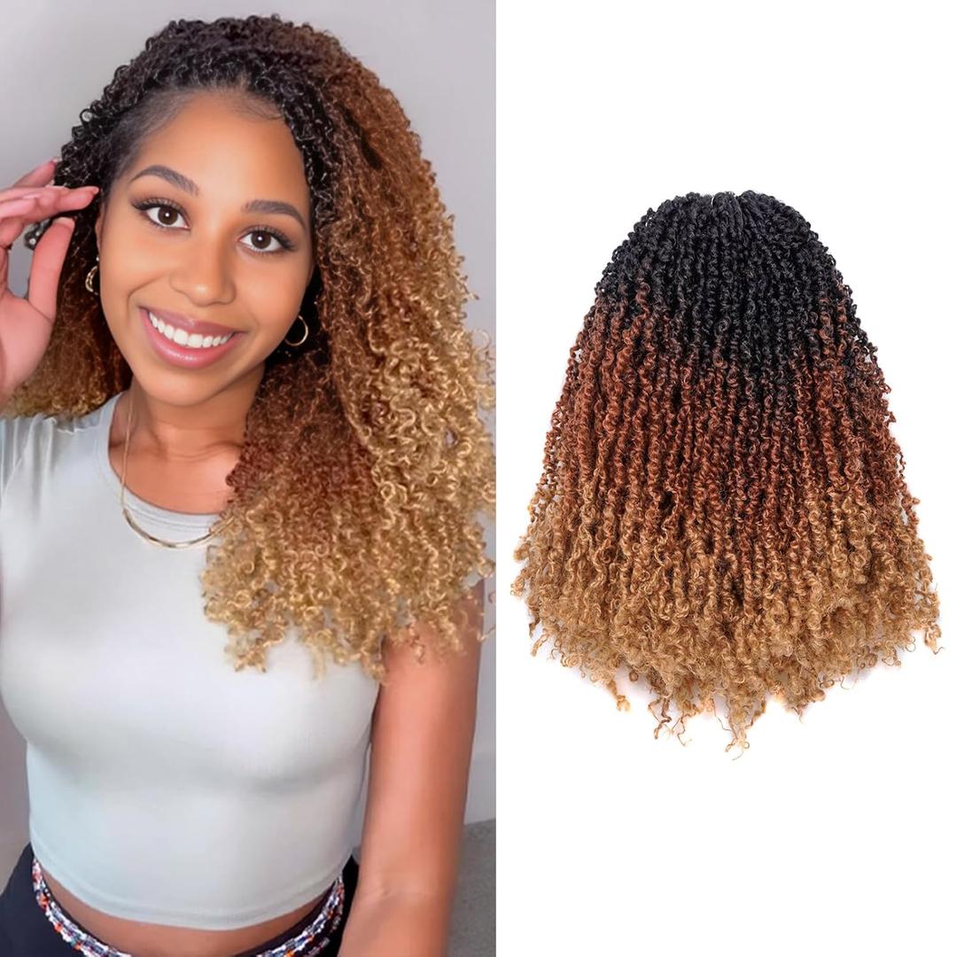 Toyotress Yanky Twist Crochet Hair - 12 Inch 8 Packs (30 Strands/Pcs) Fluffy Spring Mini Twist Passion Twist, 3 Tones Ombre Brown Pre-Looped Crochet Braids Braiding Hair (12 Inch, OT30/27-8P)