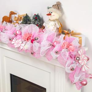 Janinka 6 ft Pink Christmas Garland for Mantle with LED Lights Candy Flower Ribbons White Pink Balls for Front Door Outdoor Table Centerpiece Fireplace Decor