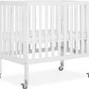 Dream On Me Jett Mini Folding Baby Crib in White, GreenGuard Gold & BSA, Lightweight & Portable, Patented Flat Folding System for Small Spaces & Travel, 1.5” Mattress Pad, 3 Heights, Safe Wheels, 38"L x 26"W x 36"H