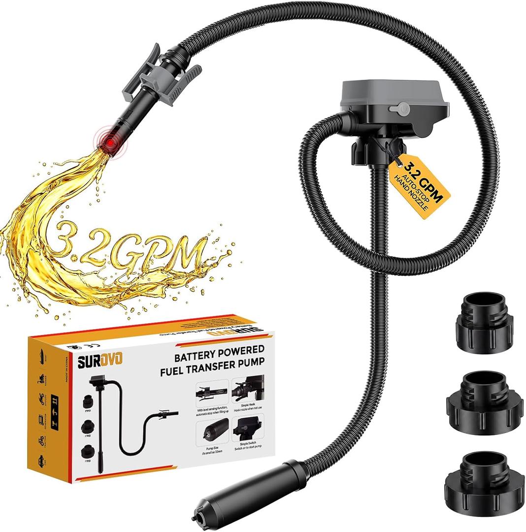 Cordless Fuel Transfer Pump with Auto-Stop, 3.2 GPM Portable Electric Pump Compatible with Dewalt 20V & Milwaukee 18V Batteries, 51-Inch Hose & 3 Adapters for Gasoline, Diesel (Bare Tool)