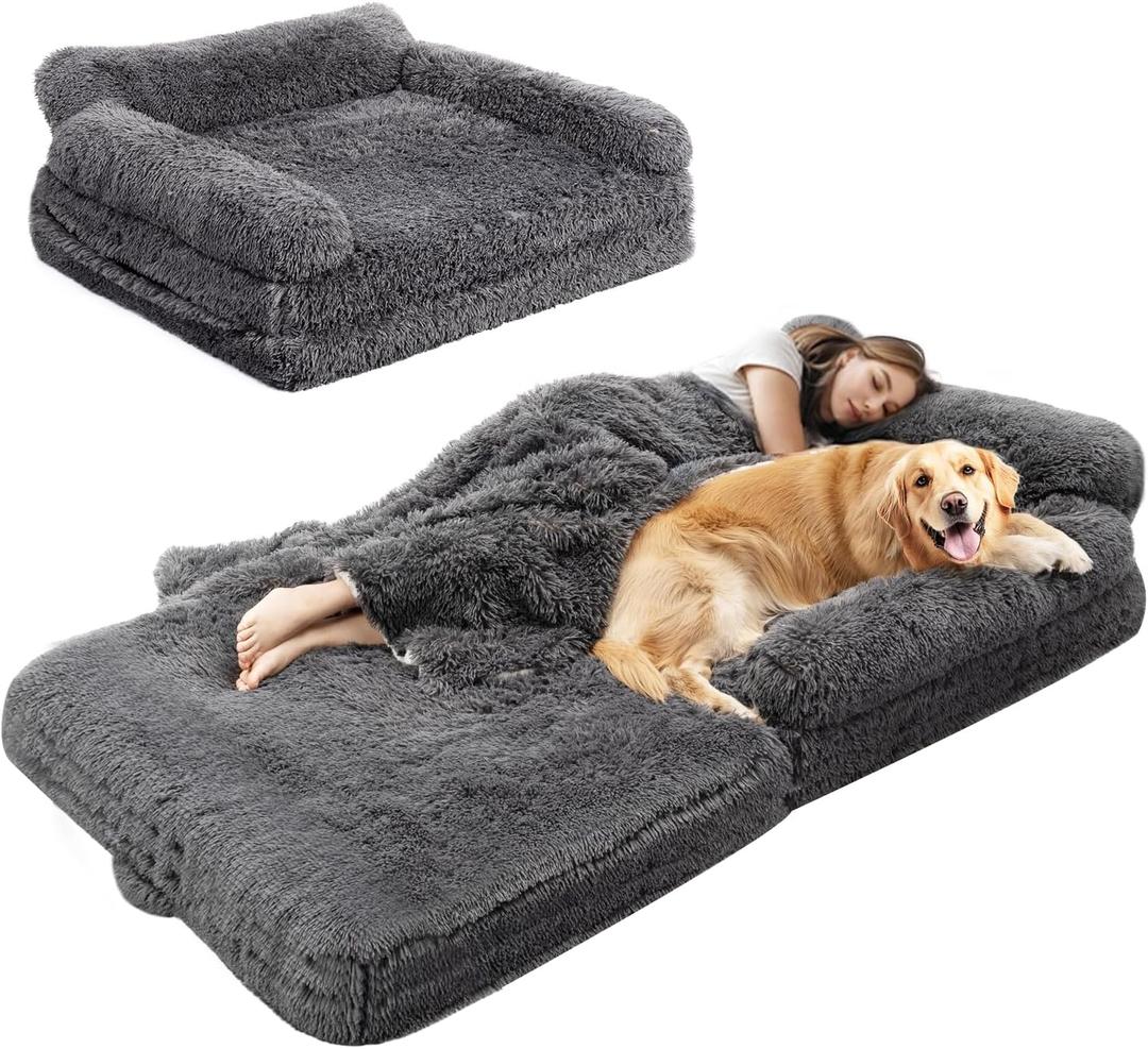 72" Foldable Human Dog Bed for Adults, Fluffy Faux Fur with Blanket, Orthopedic Washable Dog Bed with Memory Foam and Water Repellent Liner Extra Large Thick for Pet (Adult Size (72*44*12 inch), Grey)