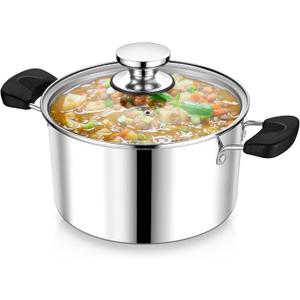 5 Quart 3-Ply Cooking Stock Pot with Lid, P&P CHEF Stainless Steel Large Pot for Pasta Soup, Work on Multi Stove, Heavy Duty & Dishwasher Safe, Dual Heat-resistant Handles & Transparent Glass Lid