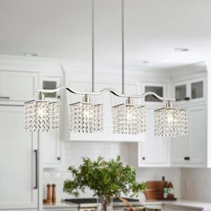 WUZUPS Crystal Chandelier 4-Light Linear Raindrop Pendant Ceiling Light Modern Lighting Fixture for Bedroom Dinning Room Bar Kitchen Island, H8.7'' W4.7'' L30.5, E12 Base, Nickel (Nickel Pendant Light)