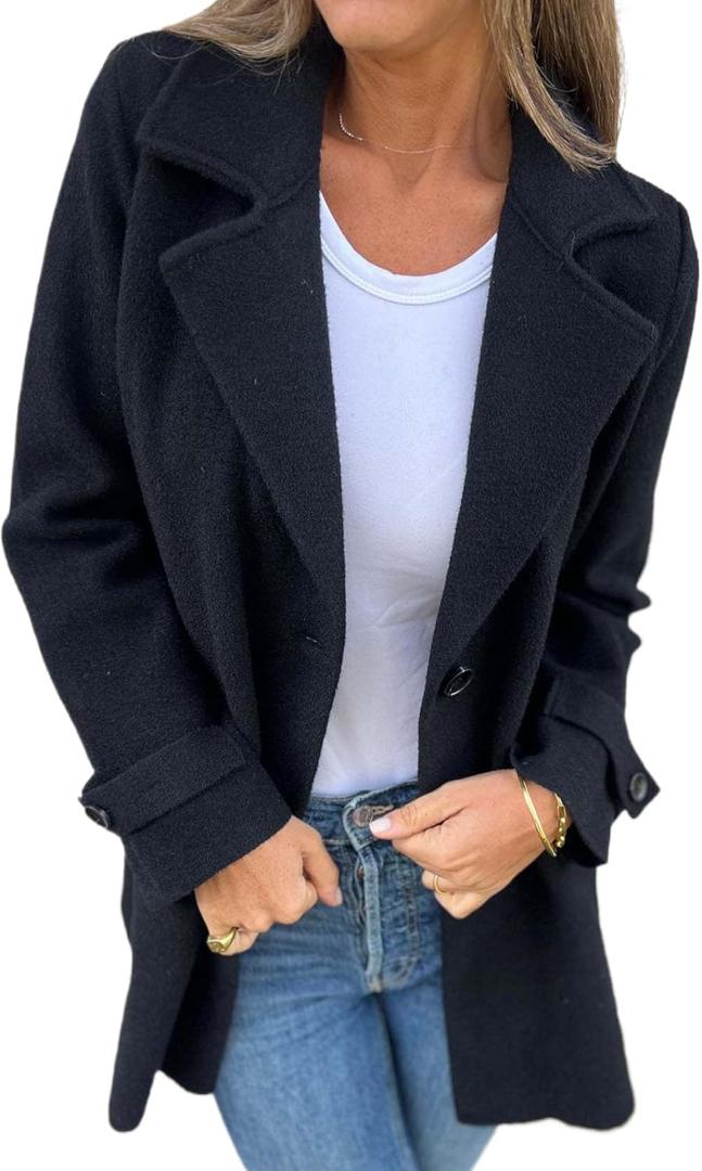 IDEALSANXUN Wool Pea Coats for Women Fall Winter Classic Mid Length Peacoat Trench Coat Blazer Jacket (Medium, Black)