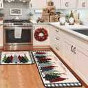 Buffalo Plaid Xmas Trees Merry Christmas Kitchen Rugs Set of 2, Winter Holiday Party Low-Profile Floor Mat Decorations for Home Kitchen 17"x47"+17"x30"