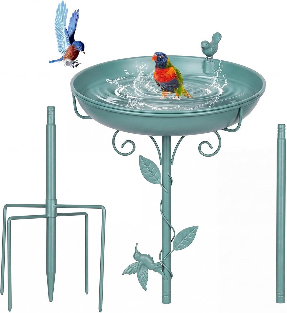 Bird Bath for Outside with 2 Bird Decor, Hummingbird on Pole & Sparrow on Bowl, 38.5 Inch Height Garden Birdbath, 12 Inch Antique Green Freestanding Birdfeeder Bath for Yard Patio