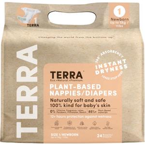 Terra Size 1 Newborn Diapers: 85% Plant-Based Diapers, Ultra-Soft & Chemical-Free for Sensitive Skin, Superior Absorbency for Day or Nighttime Diapers, Designed for Newborns up to 11 Pounds, 24 Count