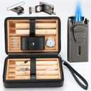 Leather Cedar Wood Case and All in One Double Jet Flame Torch Lighter Set, Built-in Cutter, Punch and Holder Function, Travel Box with Hygrometer, Draw Enhancer Tool, Gifts for Men.
