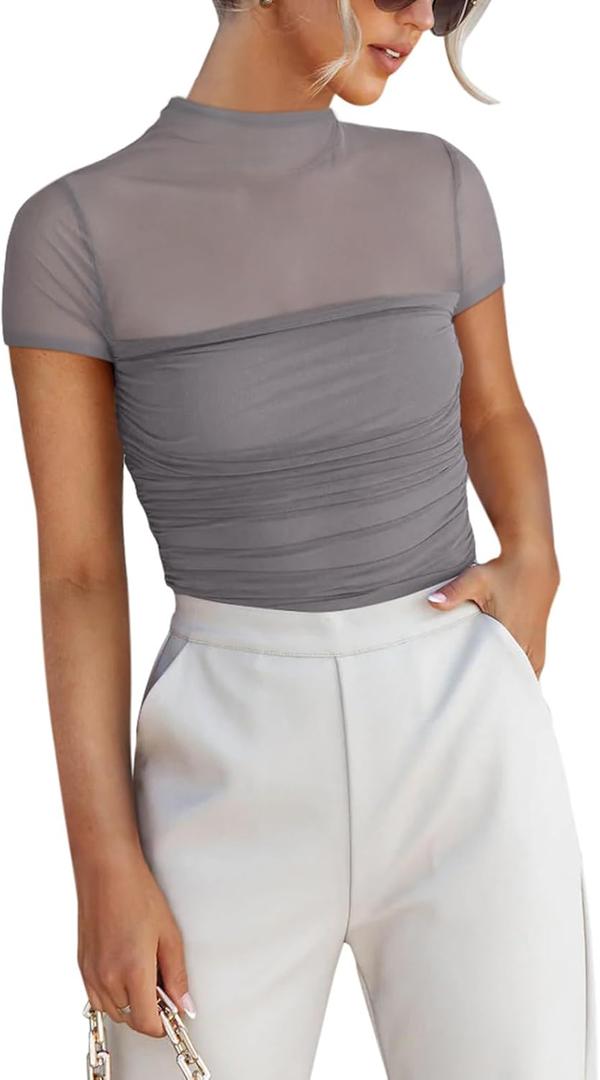 REORIA Women's Sexy Mock Turtle Neck Short Sleeve Shirts Sheer Mesh Ruched Trendy Going Out Bodysuits Tops (Large, Deep Grey)