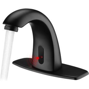 Touchless Bathroom Sink Faucets, Automatic Motion Sensor Sink Faucet with Hole Cover Deck Plate, Commercial Sink Faucet for Bathroom (Black)