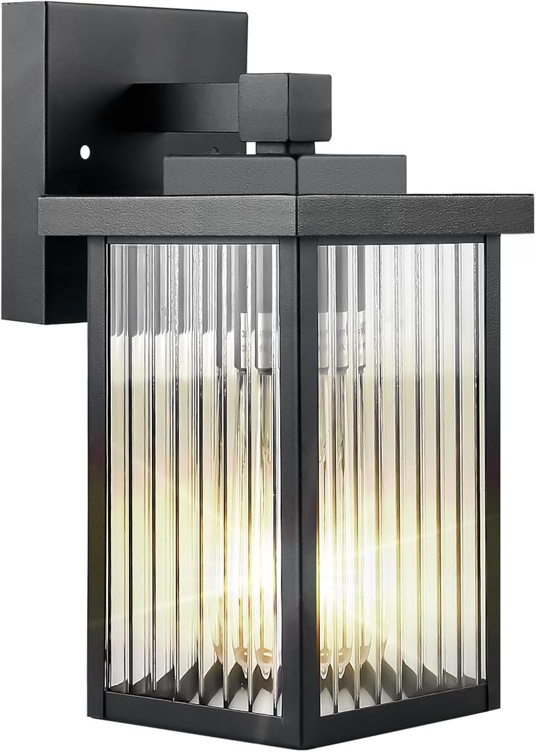 Outdoor Wall Lights for House Exterior - IP65 Waterproof Porch Lights with Textured Glass & Matte Black Metal, Easy Install Exterior Lighting Fixtures for Garage, Front Door (1 Pack)