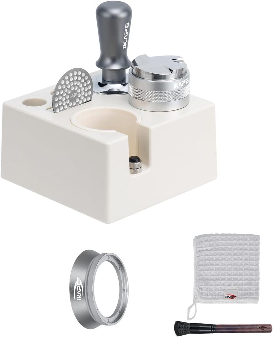 IKAPE 58mm Espresso Tamper Kit Silver 7 IN 1, Coffee Tamper Set comprising a Tamper, Distributor, Magnetic Dosing Funnel, Puck Screen, Station, WDT Tool, along with a Cleaning Towel and Brush