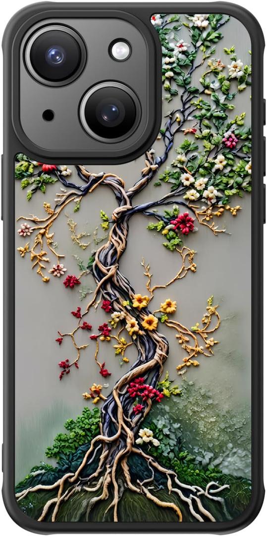 FUNMIKO Cute iPhone 13 Phone Case Wireless Charging & Military-Grade Protection - Trendy Wildflower Design for Women Girls, Matte Cover with Shockproof Corners - Blooming Tree of Life