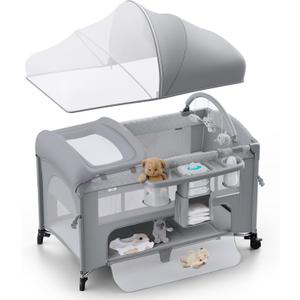 4 in 1 Baby Bassinet, Pack and Play, Bedside Crib Sleeper, Diaper Changer - Comes with Mattress, Mosquito NetBottom Storage and Toy Bar for Newborn to Toddles (Light Grey)