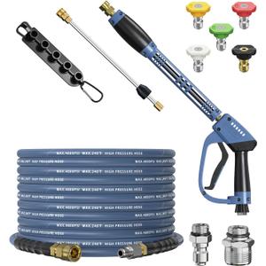 Pressure Washer Gun and Hose Kit, 4800PSI Steel-Braided & Durable - Flexible & Kink-Resistant Power Washer Hose 25 FT with 3/8" Swivel Quick Connector and M22 14mm Adapters Replacement