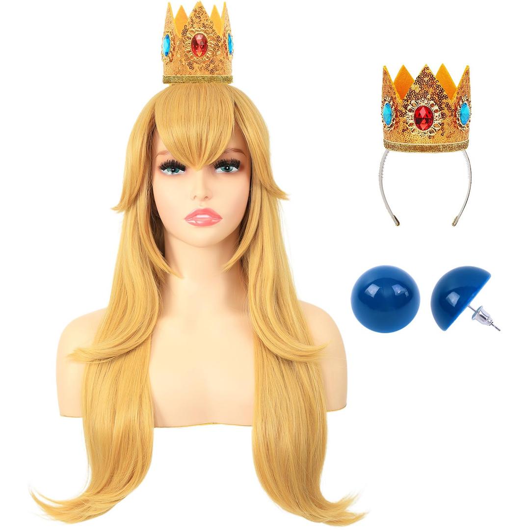Bettecos Women's Blonde Princess Cosplay Wig with Crown and Earrings Long Golden Wavy Costume Wigs Accessories for Women Halloween Party (Adults Blonde)