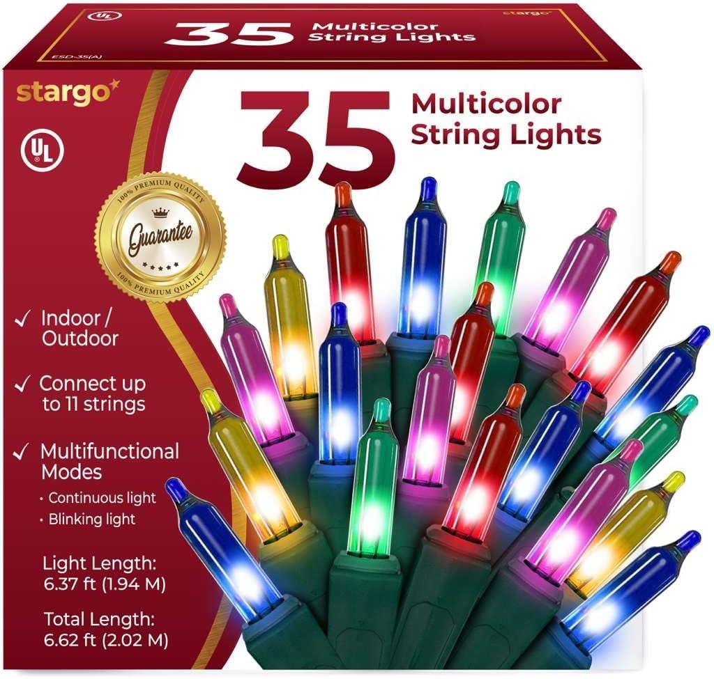 Warm Multi Color Christmas Lights - 6.3 ft String of 35 Incandescent Mini Bulbs Multifunctional Lighting Modes, for Decorative, Bedroom, Outdoor, Xmas Twinkle Tree Lights with Green Wire Total 6.6 ft