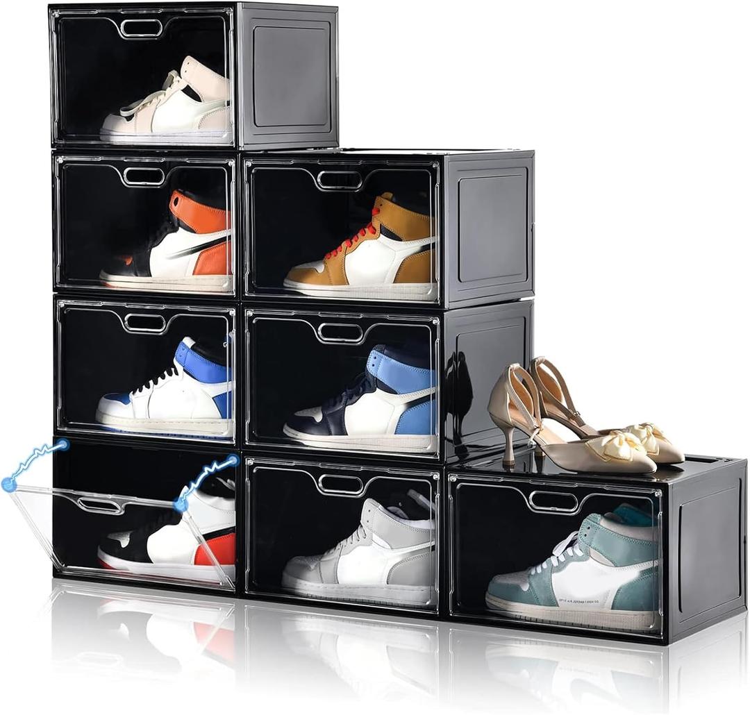 Amllas 8 Pack Shoe Boxes Black Plastic Stackable, Large Shoe Storage Organizer,Drop Side Front Shoe Containers for Entryway,Sneaker Storage Fit up to US Size 13 for Men/Women(13’’x 10.6”x 8.3”)