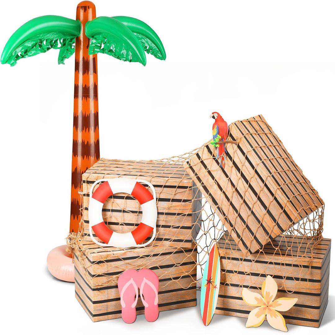 10 Pcs Inflatable Palm Tree Set Giant Blow up Palm Tree Fake Wooden Boxes Natural Fishing Net Luau Party Decorations Hawaiian Tropical Birthday Party Decorations for Beach Ocean Jungle Decor
