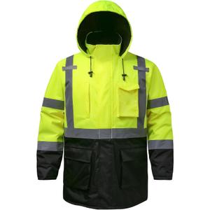 Reflective Jacket, High Visibility Parka, Waterproof Hi Vis, Safety Jacket with Removable Hood and Zipper, ANSI Class 3 (Lime,3XL)