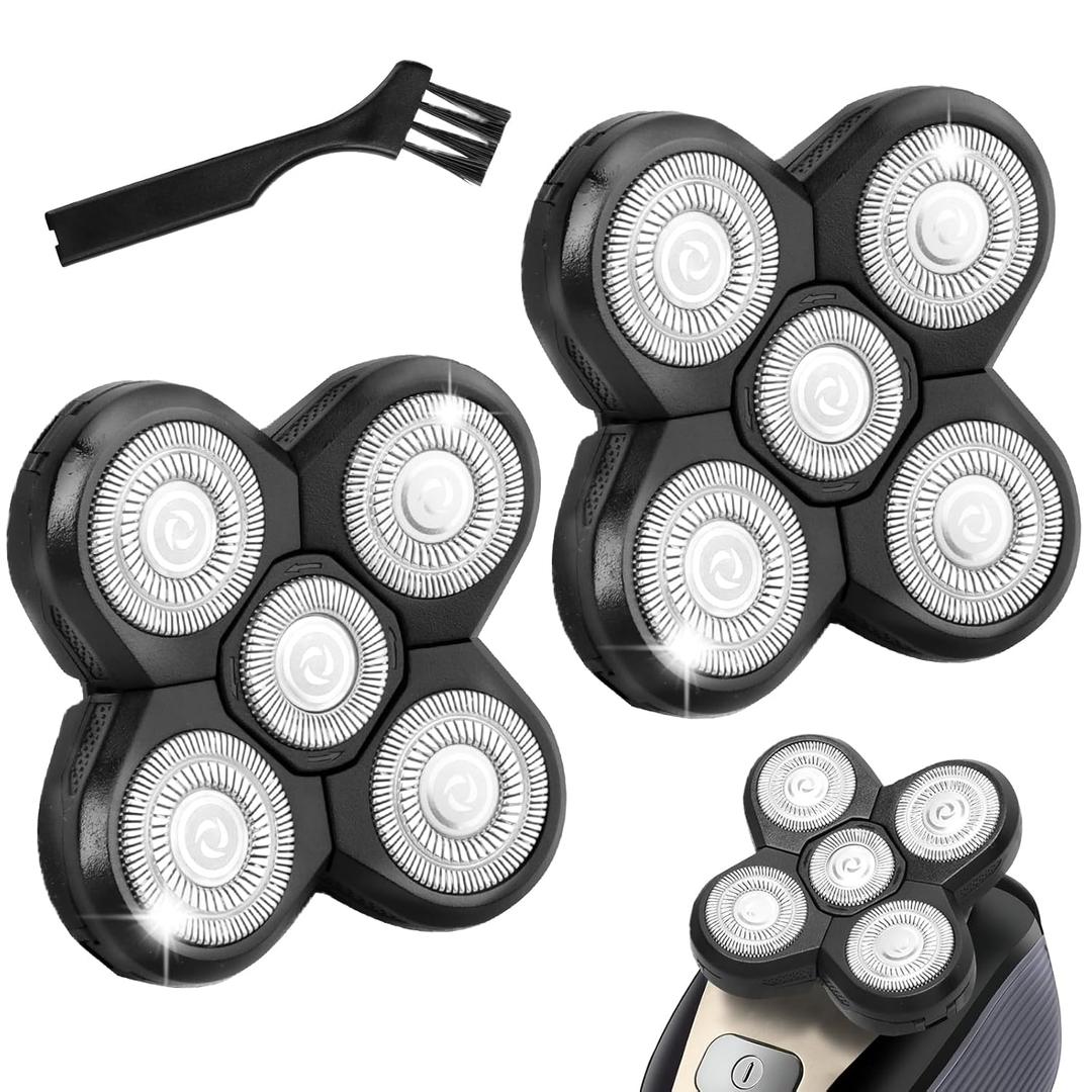 2 Pack Replacement Blades for Freebird Head Shaver | 5-Blade Electric Razor Refills for Bald Men Freedom Grooming + 1 Cleaning Brush