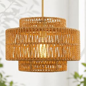 12.5" Boho Rattan Chandelier, 1-Light 3-Tier Hand Woven Pendant Light Fixture with Gold Finish, Natural Brown Hanging Light for Entryway Bedroom Hallway, Adjustable Height, AD-25050-1P-GD