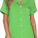 Aamikast Button Up Pajama Set for Women Shorts Short Sleeve Knit Sleepwear 2 Pice Pjs Sets (Green, L)