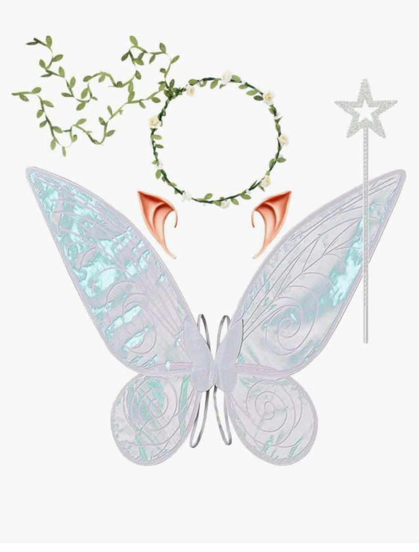 4PCS Fairy Wings Costume Set for Girls Teens Women, Iridescent Butterfly Wings with Elf Ears, Flower Crown and Fairy Wand, Large Fairy Accessories for Halloween Birthday Cosplay