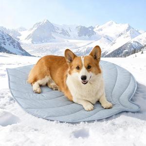 COZY KISS Dog Cooling Mat for Dogs or Cats, Leaf Shaped Pet Pad, 39x34 inch | Q-Max > 0.4 Cool Fiber for All Season, Liquid Pee Proof Summer Washable Cat Mat for Crate, Sofa or Floor, Blue
