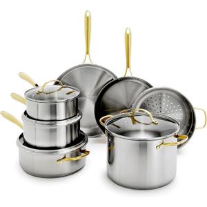 GreenPan Stainless Steel Cookware Set, 11 Piece, Induction Cookware, Dishwasher Safe, Oven Safe to 600F, Large 8QT Stock Pot, Sauce, Saute, Frying Pans, Pots & Pans Kitchen Essentials, Gold