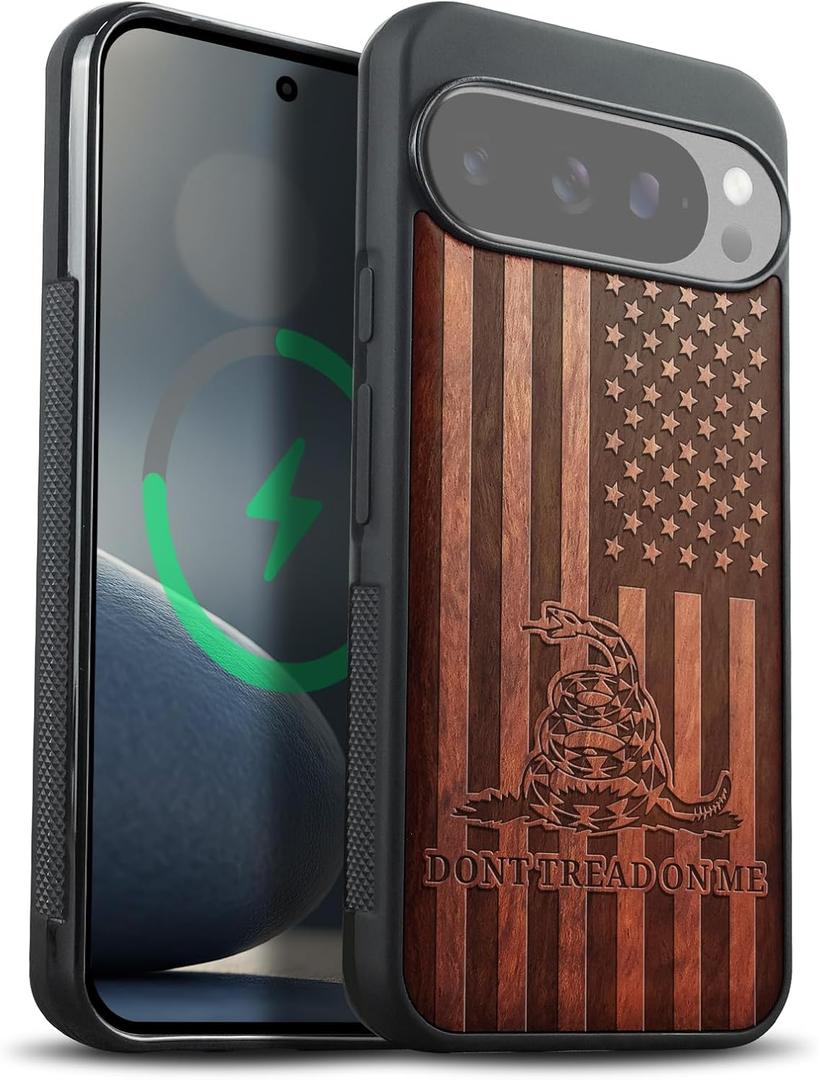 Carveit Magnetic Wooden Case for Google Pixel 10 Pro XL Case, Wood Artisan Engraved & Soft TPU Shockproof Cover, Compatible with MagSafe Wireless Chargers (Gadsden and The American Flag) Rosy