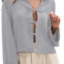 EVALESS Womens Blouses Cute Long Sleeve Bow Tie Front Shirts Going Out Tops Spring Summer Outfits Trendy 2025 (Gray, L)
