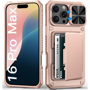 for iPhone 16 Pro Max Phone Case Wallet, Built-in Card Holder (4-5 Cards), Slide Camera Cover & Military Grade Protection, Rugged Women Girly Men Protective Case for iPhone16 Pro Max, Rose Gold