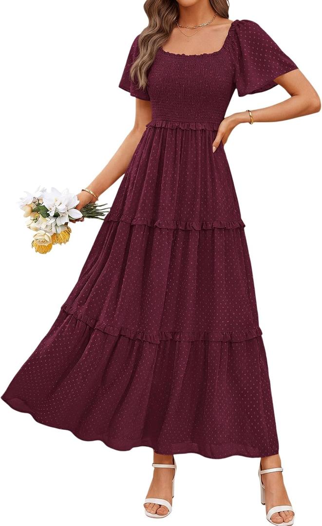 PRETTYGARDEN Summer Dresses for Women 2026 Boho Swiss Dot Smocked Square Neck Short Sleeve Spring Wedding Guest Maxi Dress (Wine Red, Large)