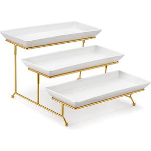 MALACASA 3 Tier Serving Trays for Party, 14 Inch Porcelain White Trays for Serving Food, Dessert Stand with Collapsible Gold Metal Rack