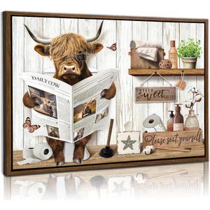 Highland Cow Bathroom Wall Art Rustic Funny Farmhouse Wall Decor 16×24 in