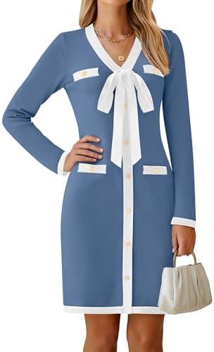 HAEOF Women's 2024 Long Sleeve Mini Sweater Dress Fall Winter Trendy V Neck Elegant Bodycon Formal Party Dresses, Medium