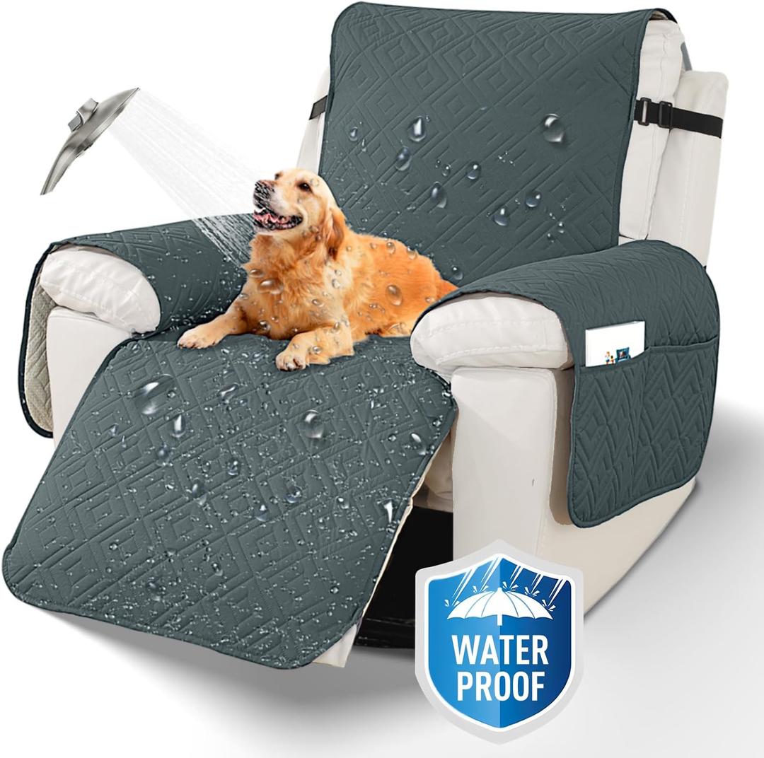 XINEAGE 100% Waterproof Recliner Cover, Non Slip Recliner Chair Cover with Elastic Band, Washable Recliner Slipcover with Storage Pockets for Kids, Pets (Dark Gray, 30") (Large Recliner-30'', Dark Gray)