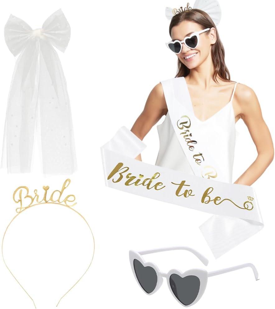 Bachelorette Party Accessories for Bride: Livresse 4-Piece Set with Short Bridal Veil, Gold Tiara, Heart Sunglasses, 'Bride To Be' Banner; Bridal Shower & Hen Party Photo Props, Wedding Gifts
